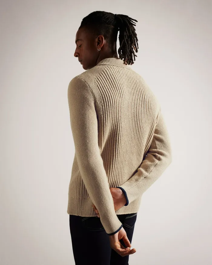 Men ADEMY 8211 Ribbed Knit Polo Neck Jumper Taupe Ted Baker Jumpers and Knitwear