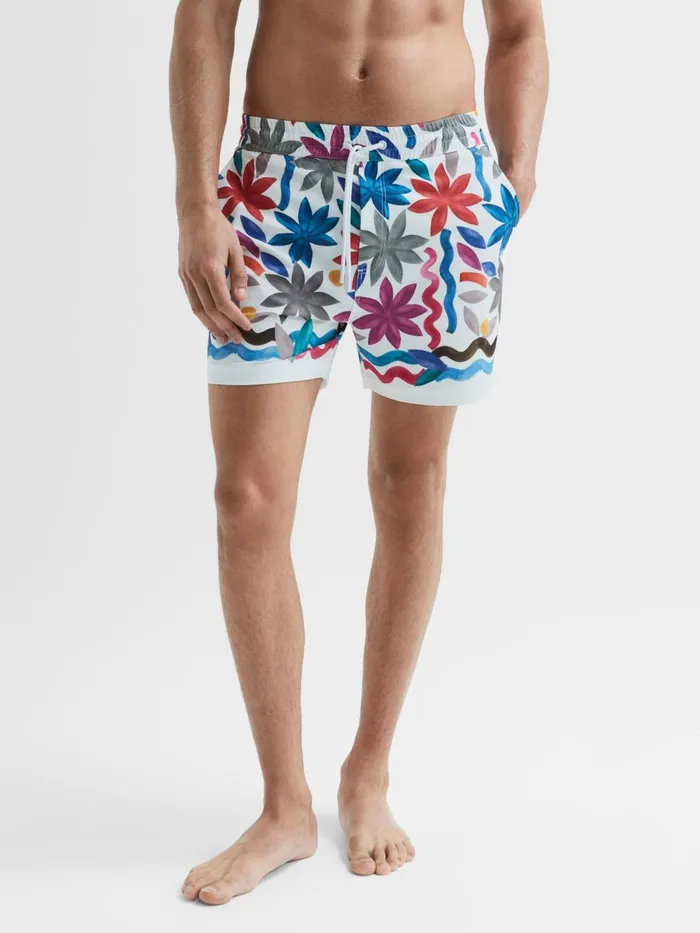 Men Arizona Floral Print Drawstring Swim Shorts Black Multi Reiss Swimwear