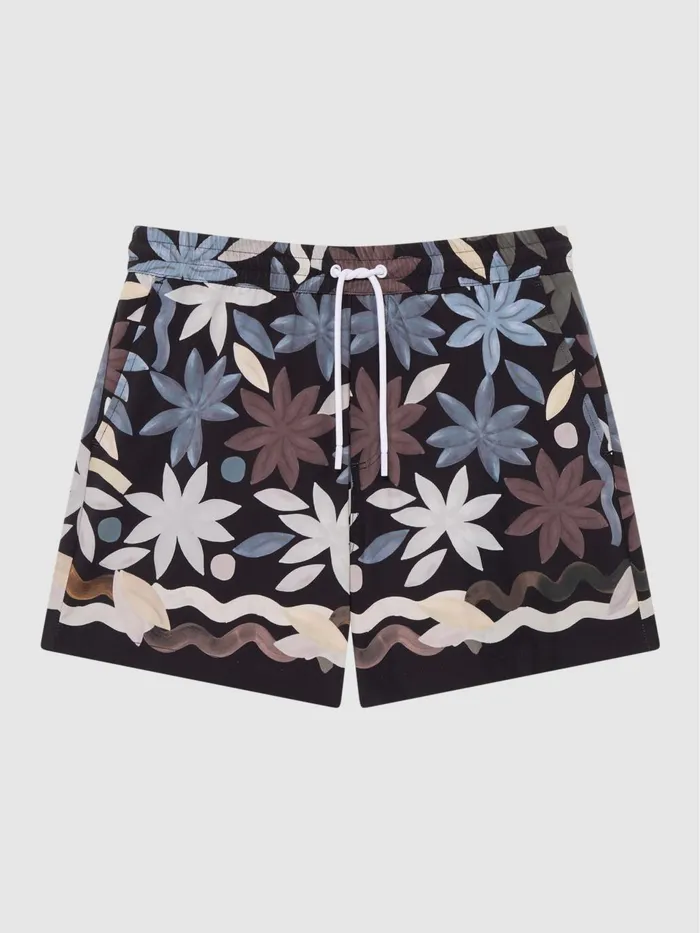 Men Arizona Floral Print Drawstring Swim Shorts Black Multi Reiss Swimwear