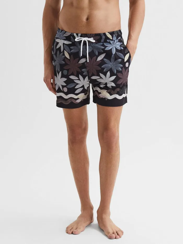 Men Arizona Floral Print Drawstring Swim Shorts Black Multi Reiss Swimwear