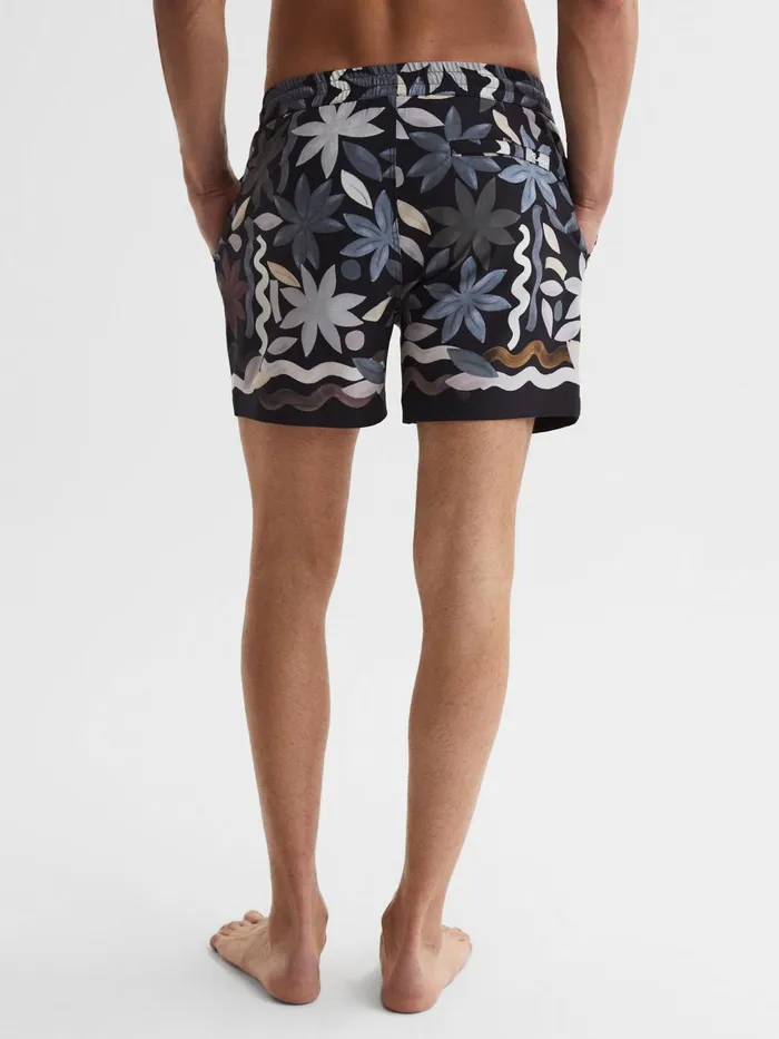 Men Arizona Floral Print Drawstring Swim Shorts Black Multi Reiss Swimwear