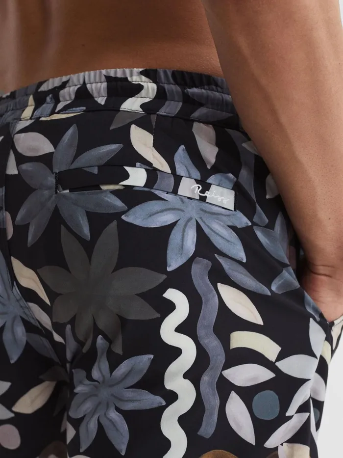 Men Arizona Floral Print Drawstring Swim Shorts Black Multi Reiss Swimwear