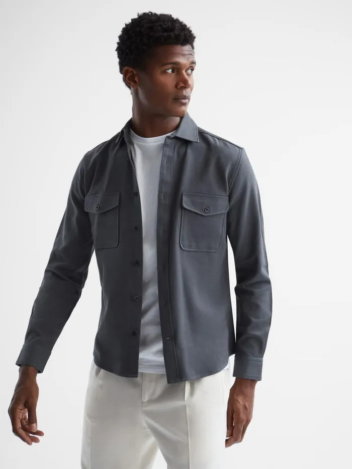 Men Arlo Cotton Canvas Overshirt Airforce Blue Reiss Shirts