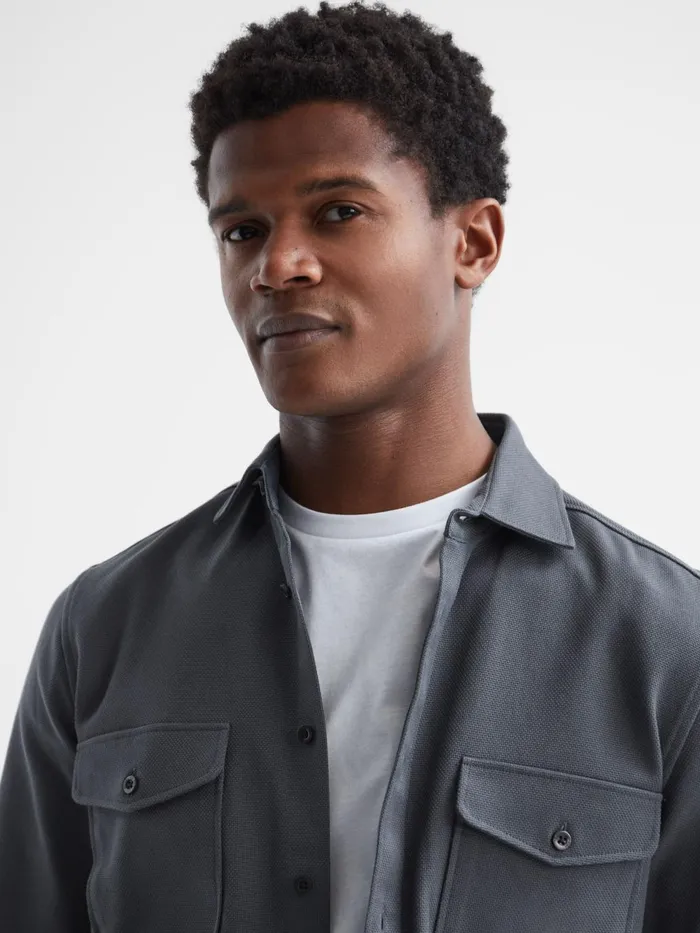 Men Arlo Cotton Canvas Overshirt Airforce Blue Reiss Shirts