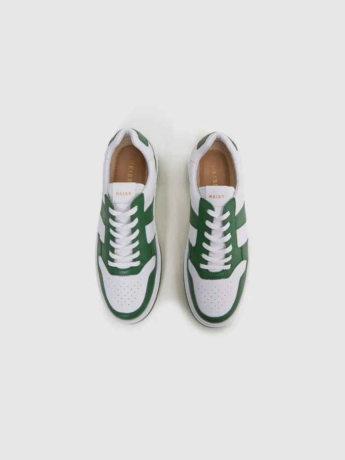 Men Arlo Low Top Leather Trainers Green Reiss Casual Shoes