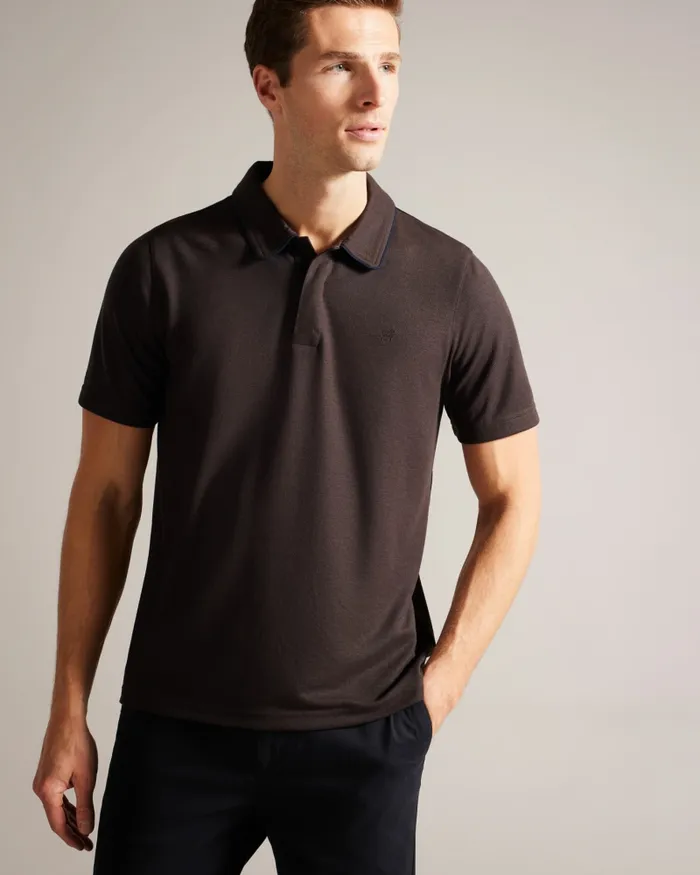 Men AROUE 8211 Short Sleeve Polo Shirt With Suedette Trim Brownchocolate Ted Baker Tops