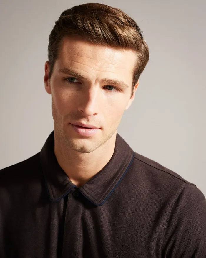 Men AROUE 8211 Short Sleeve Polo Shirt With Suedette Trim Brownchocolate Ted Baker Tops