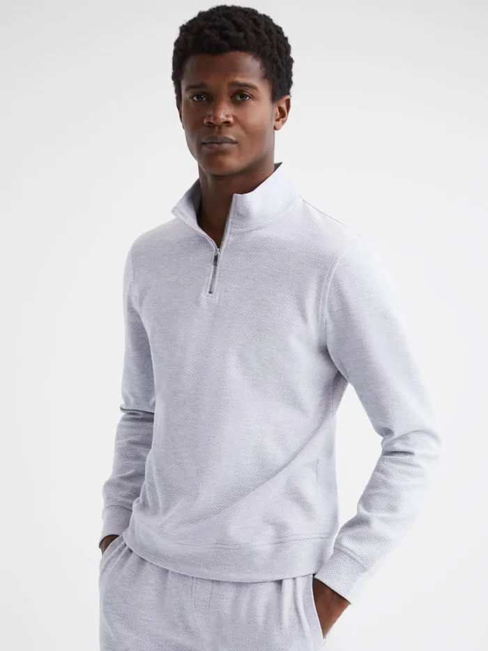 Men Bishop Slim Fit Textured Half Zip Top Grey Melange Reiss Sweats and Hoodies