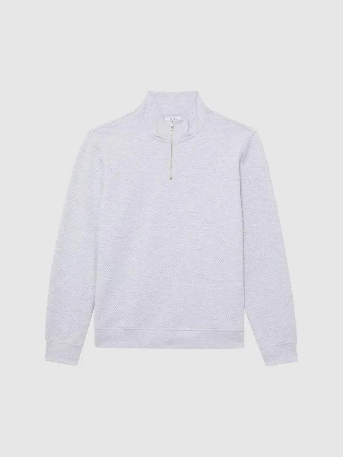 Men Bishop Slim Fit Textured Half Zip Top Grey Melange Reiss Sweats and Hoodies