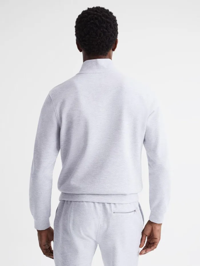 Men Bishop Slim Fit Textured Half Zip Top Grey Melange Reiss Sweats and Hoodies