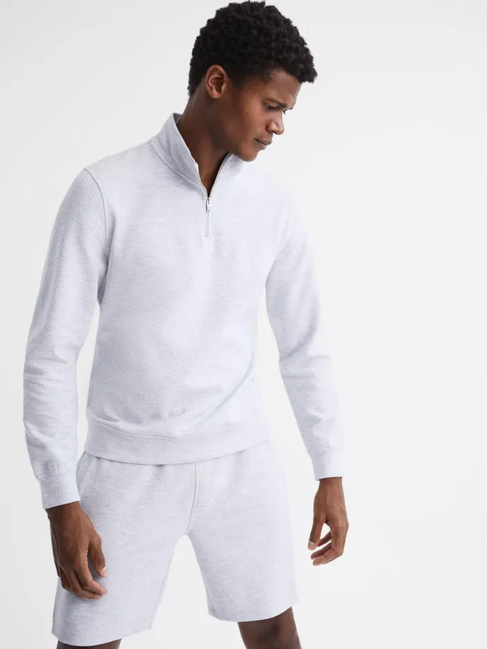 Men Bishop Slim Fit Textured Half Zip Top Grey Melange Reiss Sweats and Hoodies