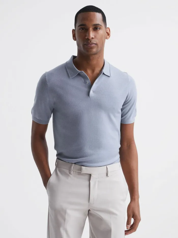 Men Blair Blue Merino Press Stud Polo Shirt Dove Blue Reiss Knitwear