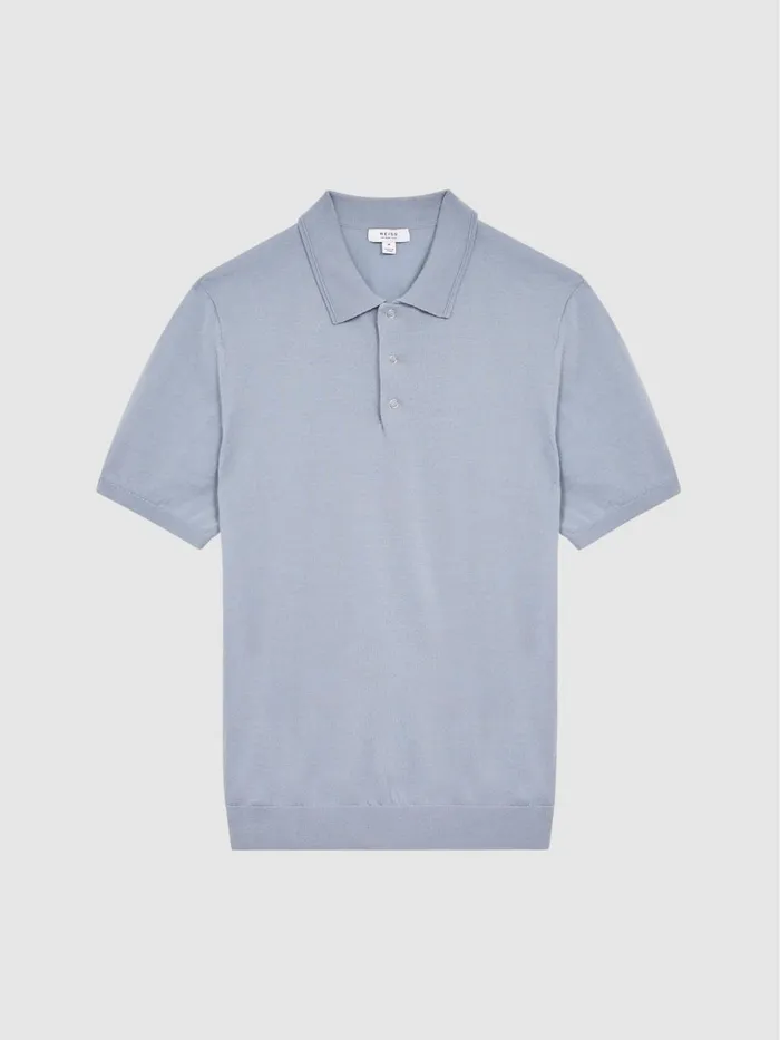 Men Blair Blue Merino Press Stud Polo Shirt Dove Blue Reiss Knitwear