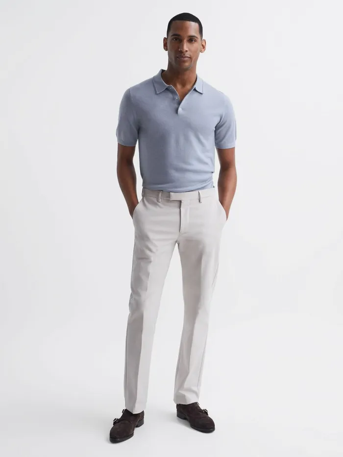 Men Blair Blue Merino Press Stud Polo Shirt Dove Blue Reiss Knitwear