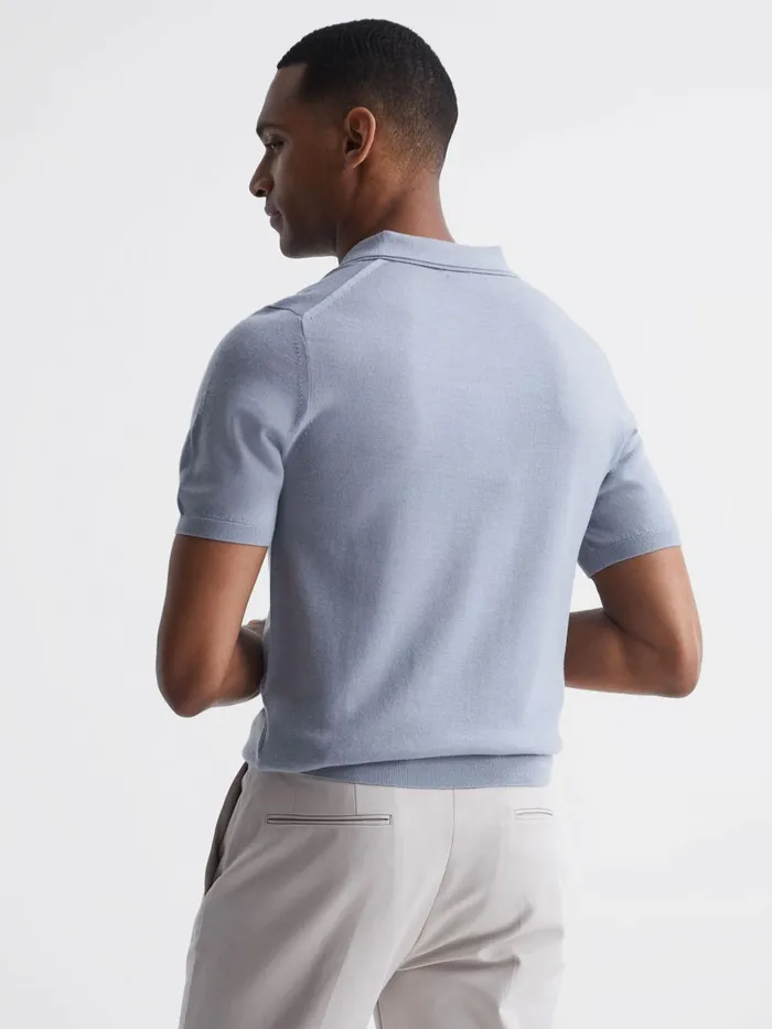 Men Blair Blue Merino Press Stud Polo Shirt Dove Blue Reiss Knitwear
