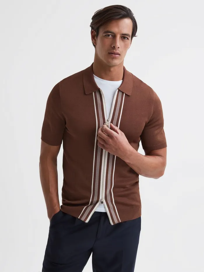Men Castleton Zip Front Striped Polo Shirt Rust Reiss Shirts
