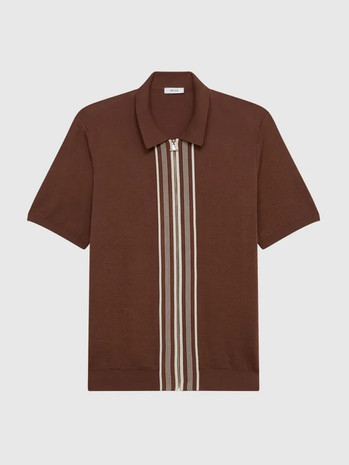 Men Castleton Zip Front Striped Polo Shirt Rust Reiss Shirts