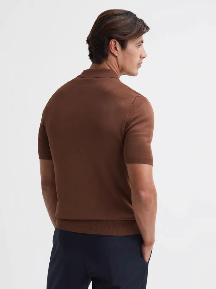 Men Castleton Zip Front Striped Polo Shirt Rust Reiss Shirts