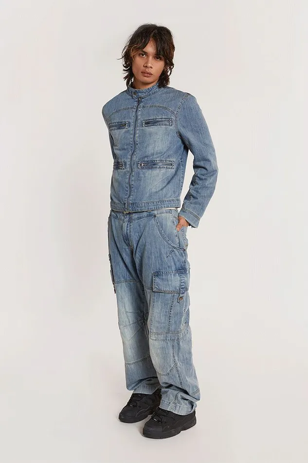 Men Chambray Denim Moto Jacket Blue Jaded London