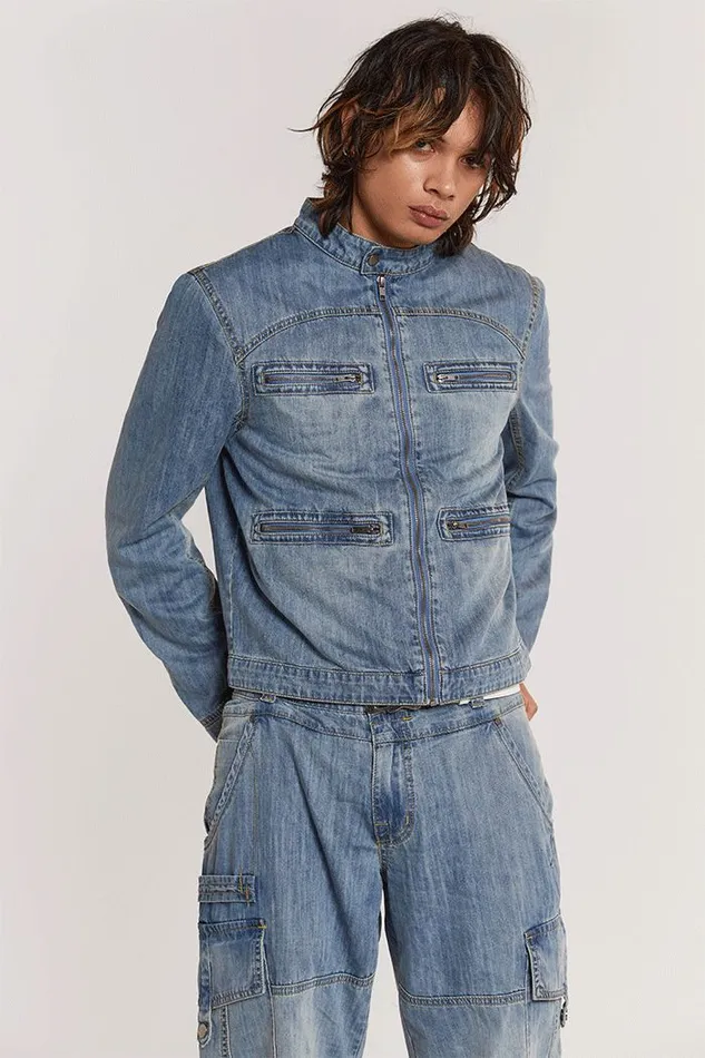 Men Chambray Denim Moto Jacket Blue Jaded London Men Chambray Denim Moto Jacket Blue Jaded London