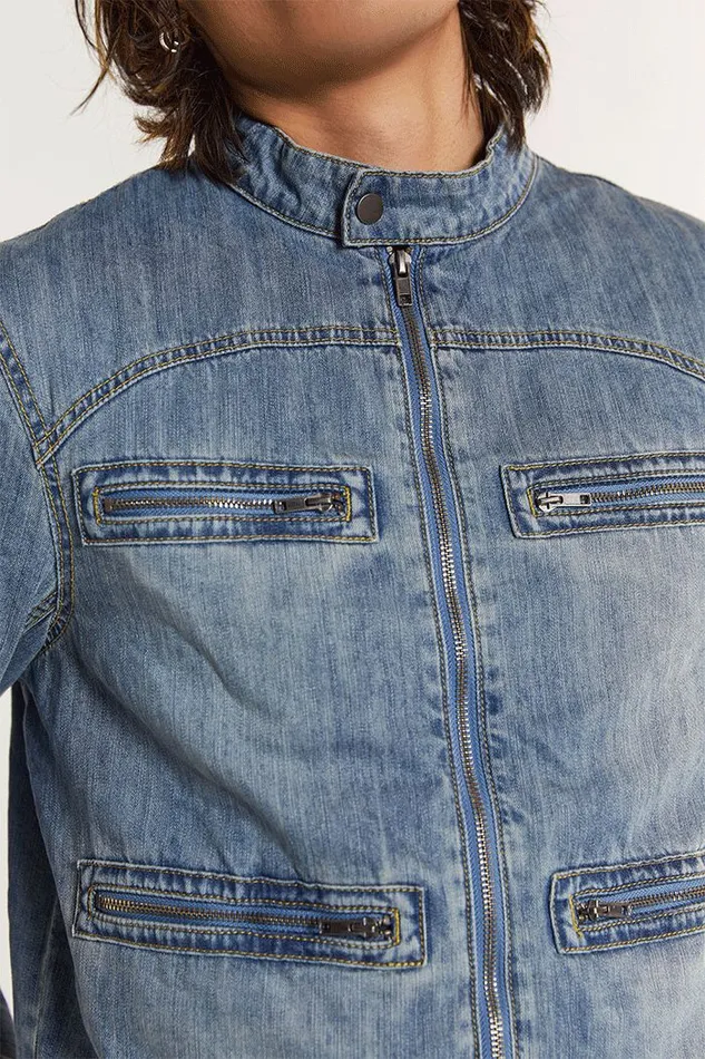 Men Chambray Denim Moto Jacket Blue Jaded London Men Chambray Denim Moto Jacket Blue Jaded London