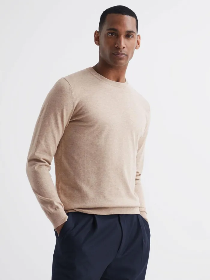 Men Charles Slim Fit Cotton Crew Neck Jumper Oatmeal Reiss Knitwear