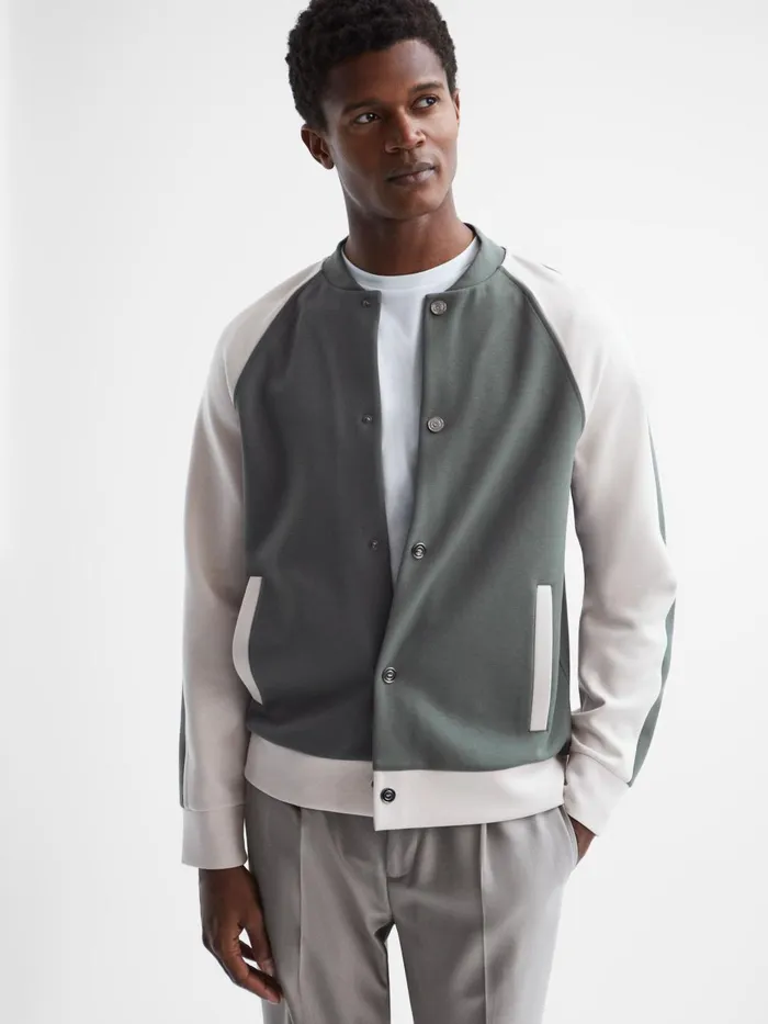 Men Giles Long Sleeve Interlock Bomber Jacket Light Khakiecru Reiss Sweats and Hoodies