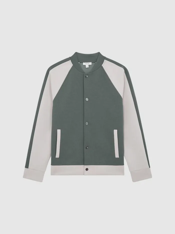 Men Giles Long Sleeve Interlock Bomber Jacket Light Khakiecru Reiss Sweats and Hoodies