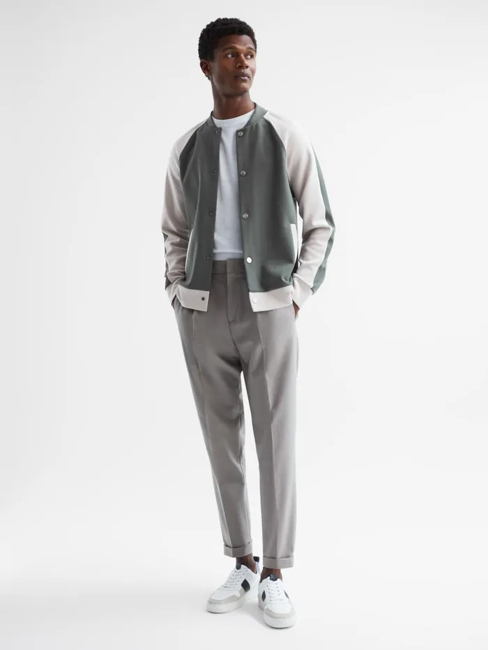 Men Giles Long Sleeve Interlock Bomber Jacket Light Khakiecru Reiss Sweats and Hoodies