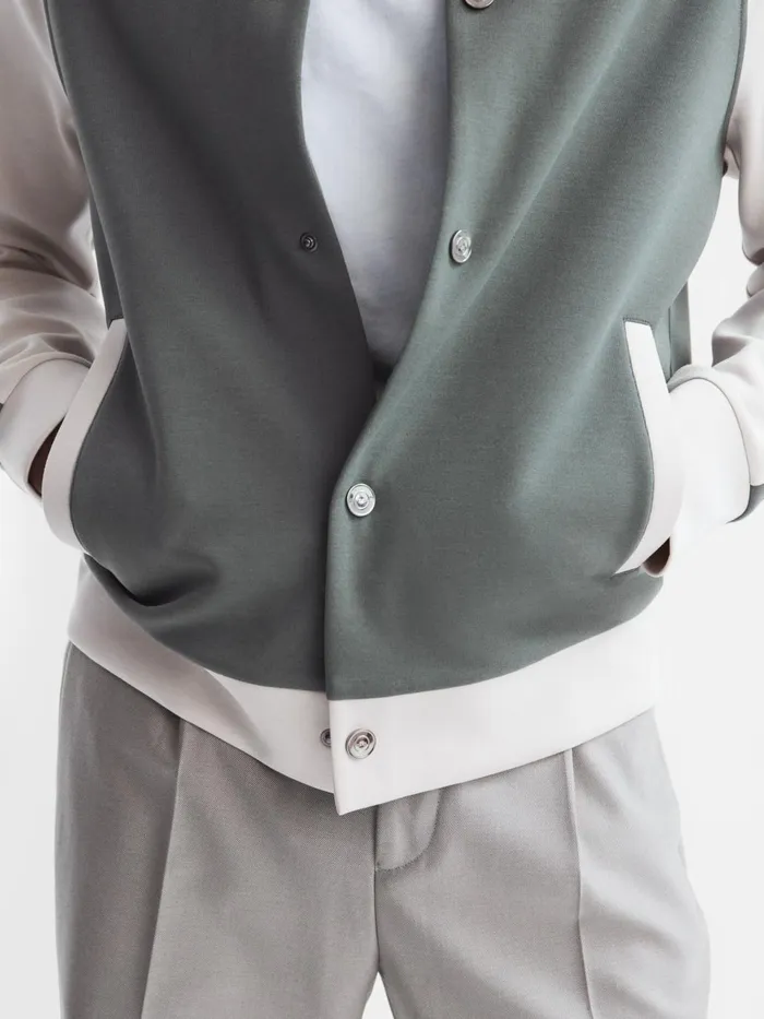 Men Giles Long Sleeve Interlock Bomber Jacket Light Khakiecru Reiss Sweats and Hoodies