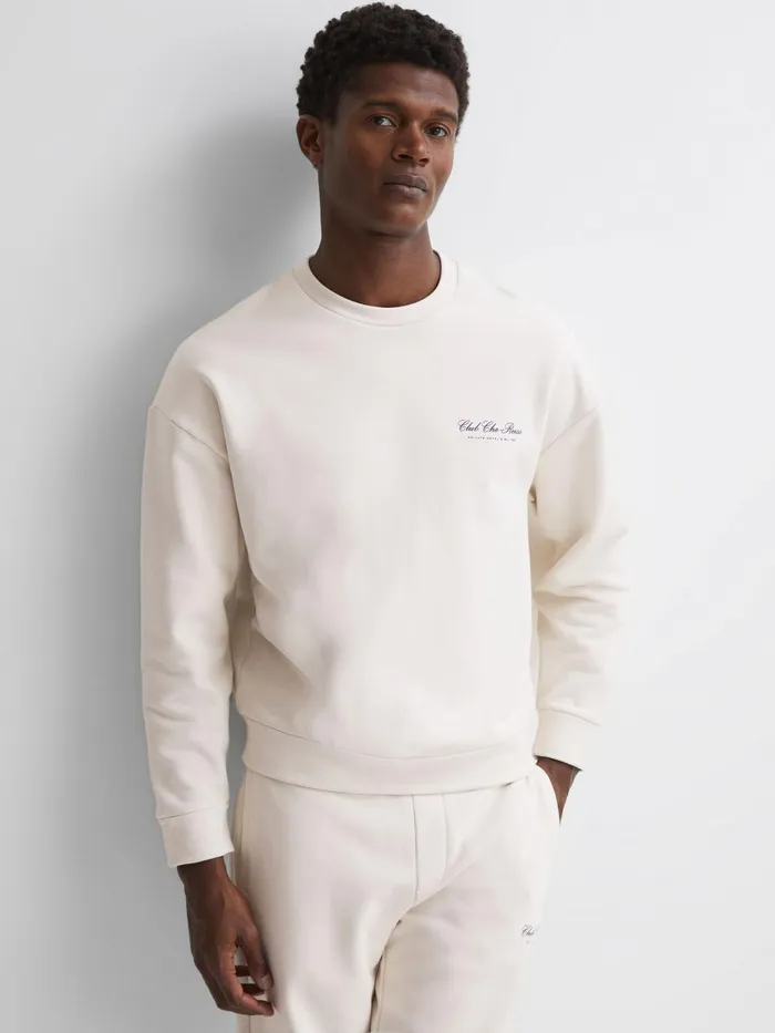 Men Hills Reiss Ch Motif Cotton Sweatshirt Off White Reiss Sweats and Hoodies