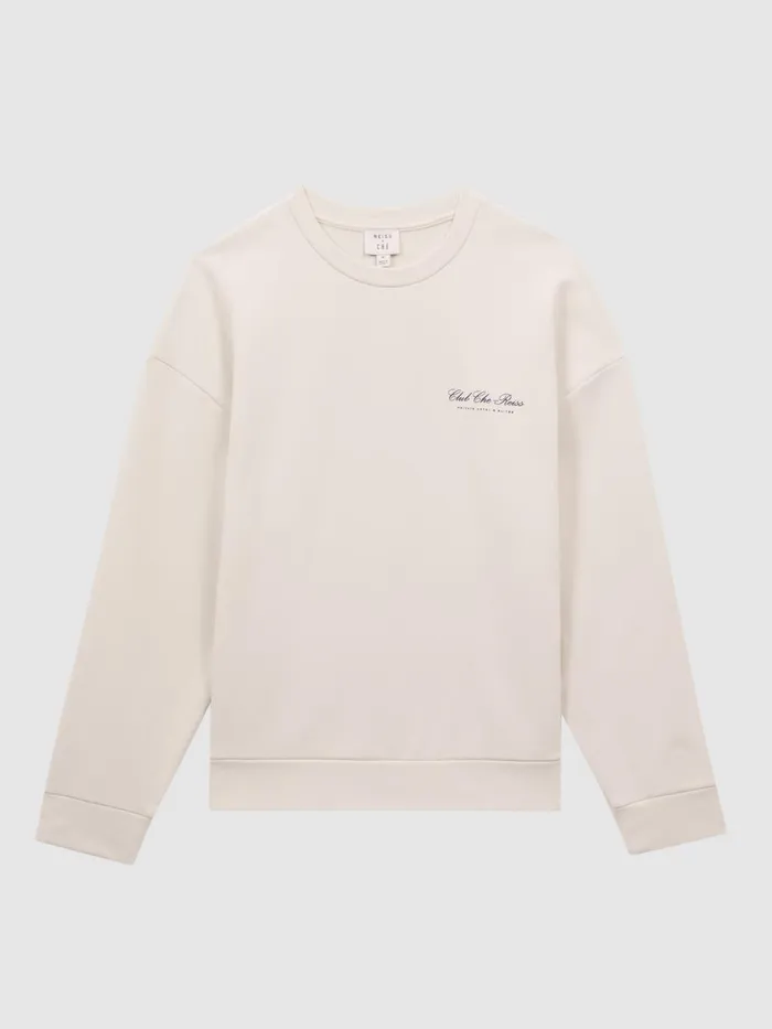 Men Hills Reiss Ch Motif Cotton Sweatshirt Off White Reiss Sweats and Hoodies