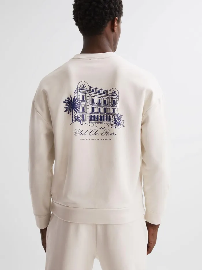 Men Hills Reiss Ch Motif Cotton Sweatshirt Off White Reiss Sweats and Hoodies
