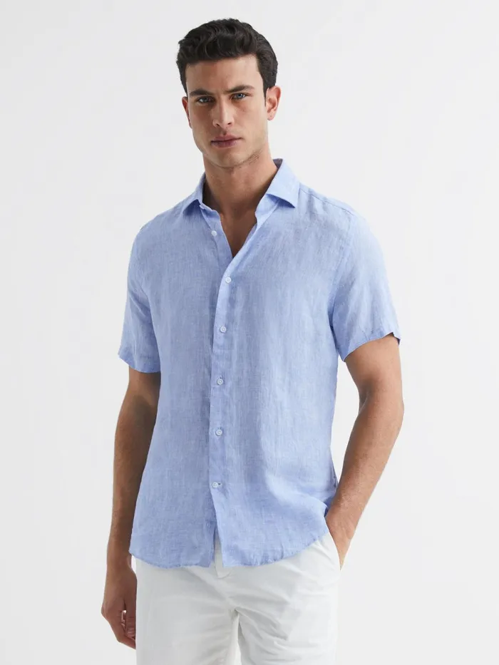 Men Holiday Linen Slim Fit Shirt Airforce Blue Reiss Shirts