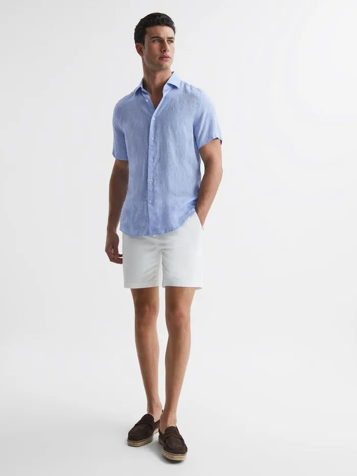 Men Holiday Linen Slim Fit Shirt Airforce Blue Reiss Shirts