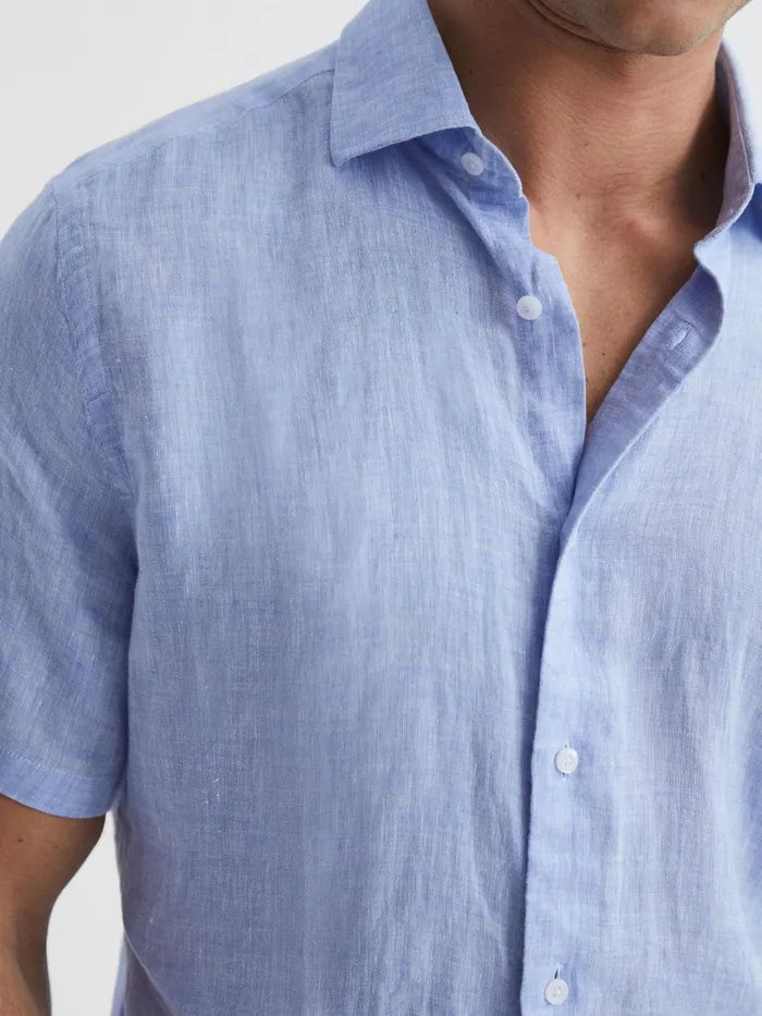 Men Holiday Linen Slim Fit Shirt Airforce Blue Reiss Shirts