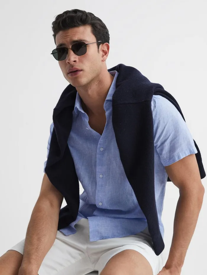 Men Holiday Linen Slim Fit Shirt Airforce Blue Reiss Shirts