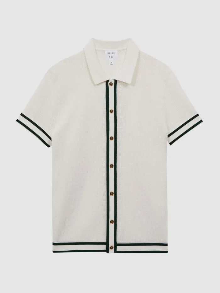 Men Icon Reiss Ch Knitted Button Through TShirt Ecru Reiss Shirts
