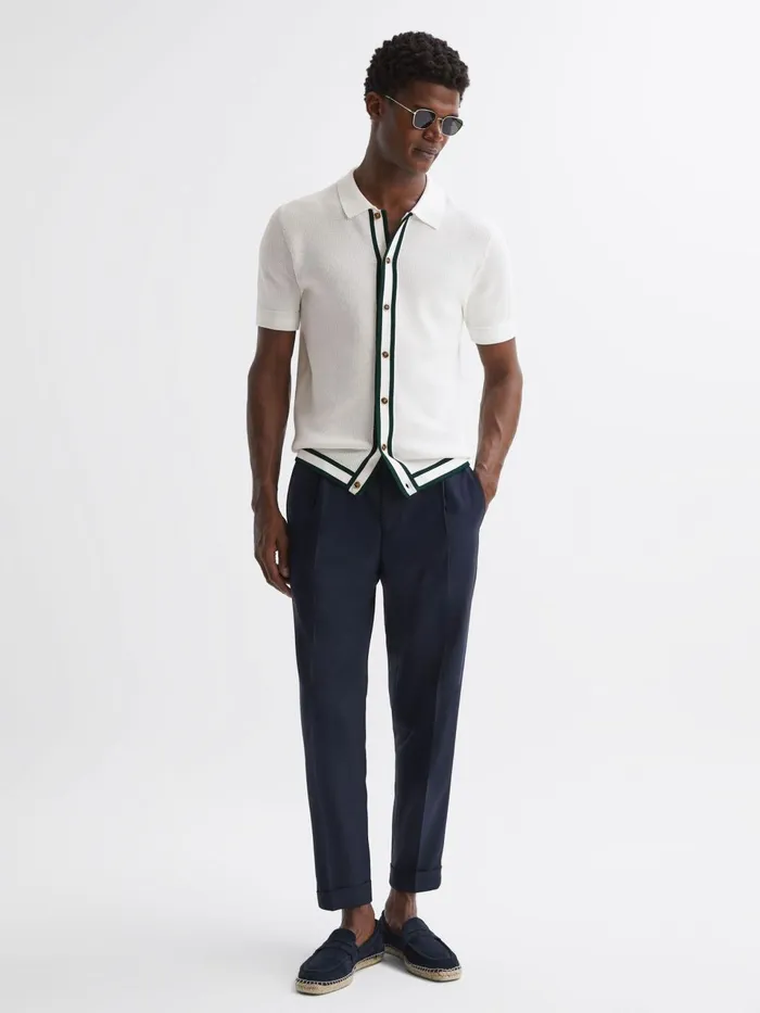 Men Icon Reiss Ch Knitted Button Through TShirt Ecru Reiss Shirts