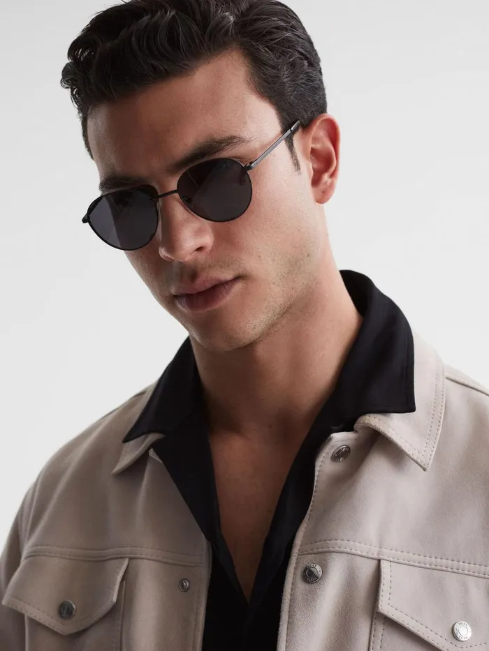 Men Jordan Paige Round Metal Frame Sunglasses Black Reiss Sunglasses