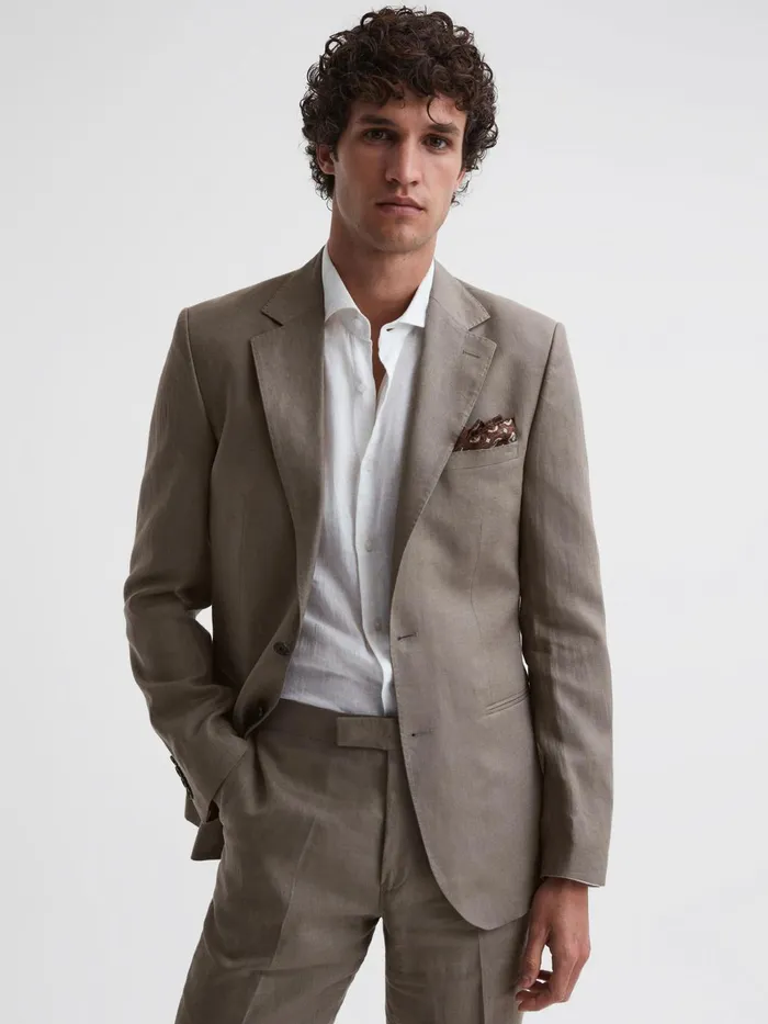 Men Kin Slim Fit Single Breasted Linen Blazer Airforce Blue Reiss Blazers
