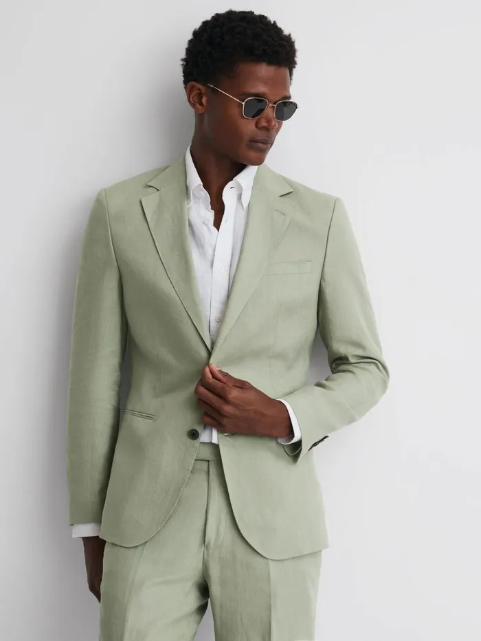 Men Kin Slim Fit Single Breasted Linen Blazer Apple Reiss Suits and Tailoring