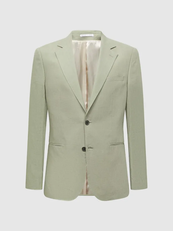 Men Kin Slim Fit Single Breasted Linen Blazer Apple Reiss Suits and Tailoring