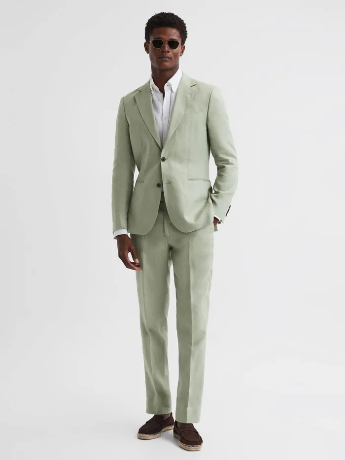 Men Kin Slim Fit Single Breasted Linen Blazer Apple Reiss Suits and Tailoring