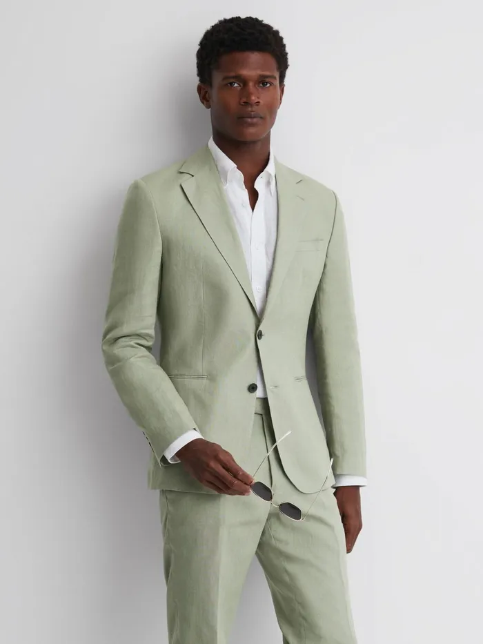 Men Kin Slim Fit Single Breasted Linen Blazer Apple Reiss Suits and Tailoring