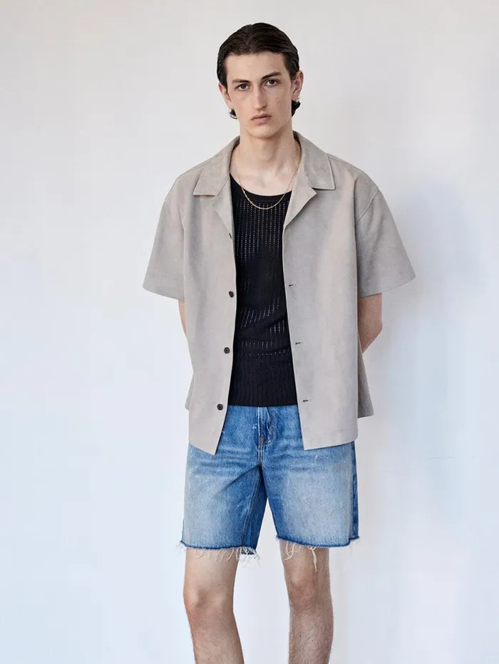 Men Leather and Suede FRAME Short Sleeve Suede Shirt 8212 Smoke Grey Men Leather and Suede FRAME Short Sleeve Suede Shirt 8212 Smoke Grey