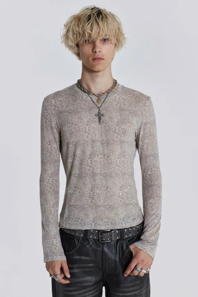 Men Leopard Mist Long Sleeve Brown Jaded London TShirts