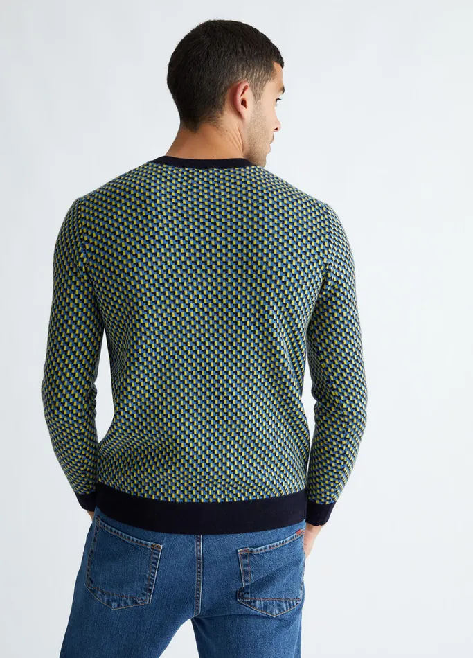 Men Liujo Knitwear Jacquard Wool Jumper Dark Blue