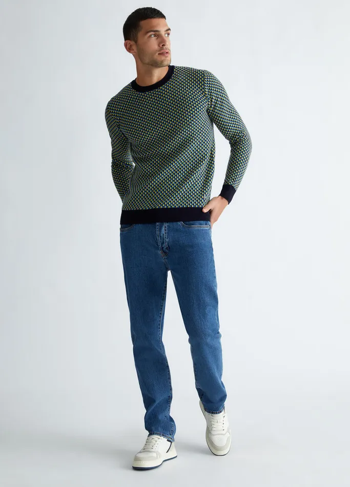 Men Liujo Knitwear Jacquard Wool Jumper Dark Blue