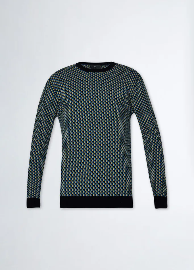 Men Liujo Knitwear Jacquard Wool Jumper Dark Blue